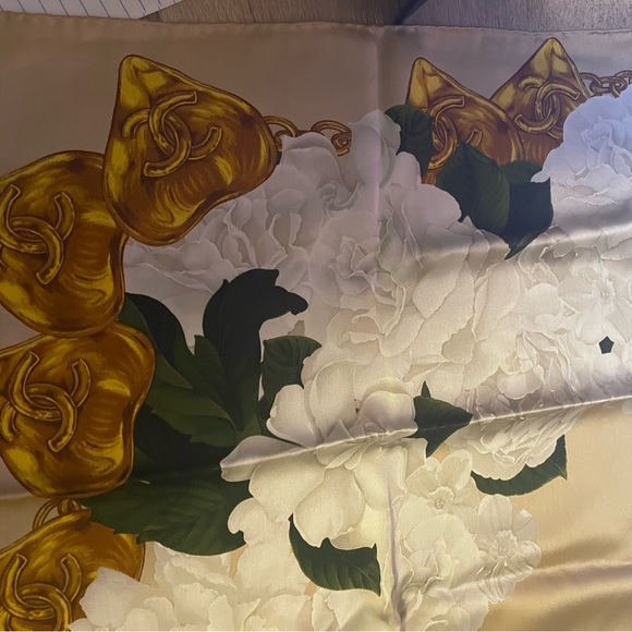 Chanel Gold and Green Floral Silk Scarf - Picture 10 of 13
